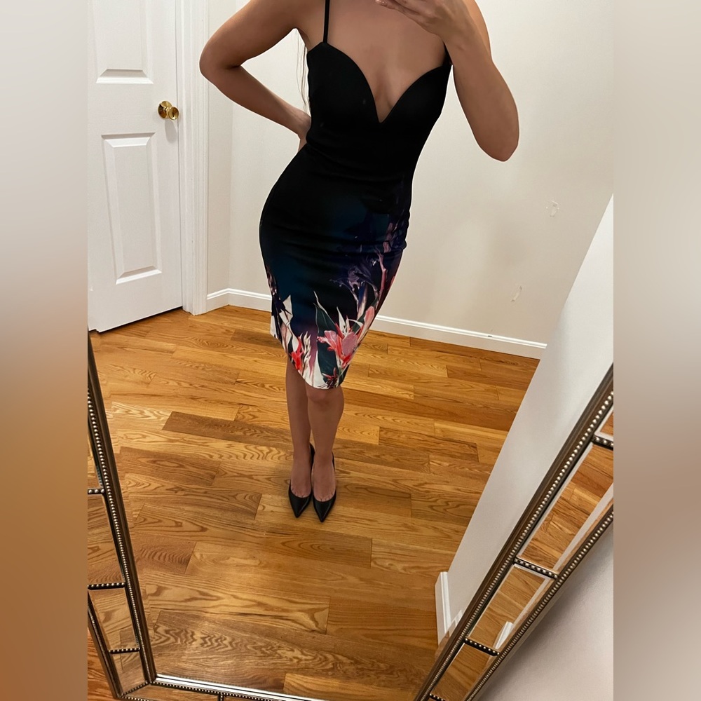 Bebe Black Floral Bodycon Dress | Deep V Neck Scuba Midi | Fitted - Picture 3 of 10
